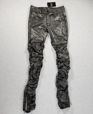 NWT BoohooMan Stacked Pu Trousers Mens Size 30R Black Faux Leather Pants Zip W32