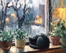 Rainy Window Scene with Black Cat | Cozy Impressionist Home Art Print Museum Art