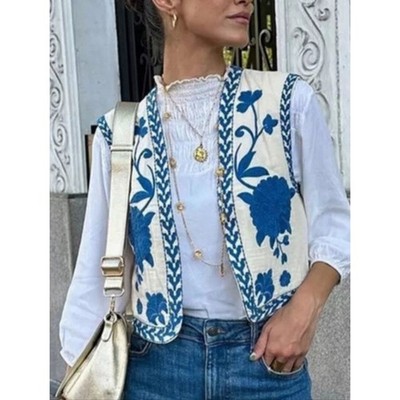 Zara Boho Blue Floral Embroidered  Crop Vest Ecru Cowgirl Boho Coastal Western