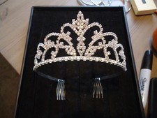 Silver tone Metal and Clear Rhinestone Crown Tiara Head Piece With Combs