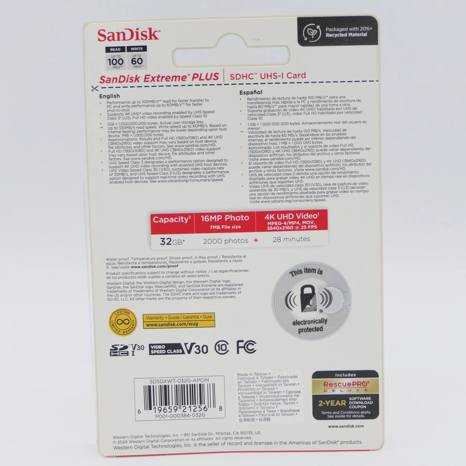 SanDisk Extreme Plus SDHC UHS-I Card 32 GB Class 10 V30 U3 Up To 100 MB/s 4K UHD - Image 2 of 2