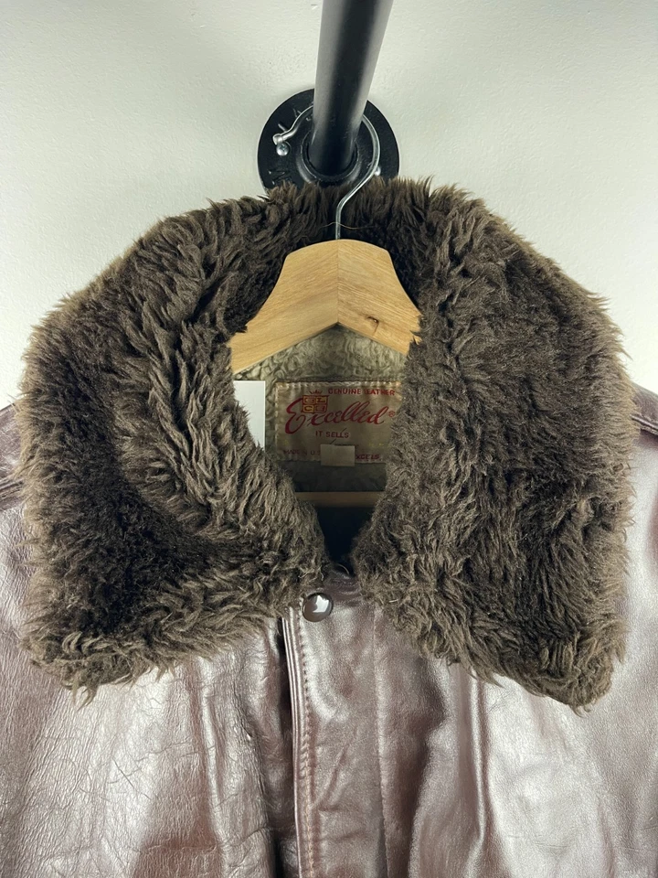 Vintage 80s Excelled Flight Bomber Fur Collar Brown Leather Jacket Size L - Image 3 of 4