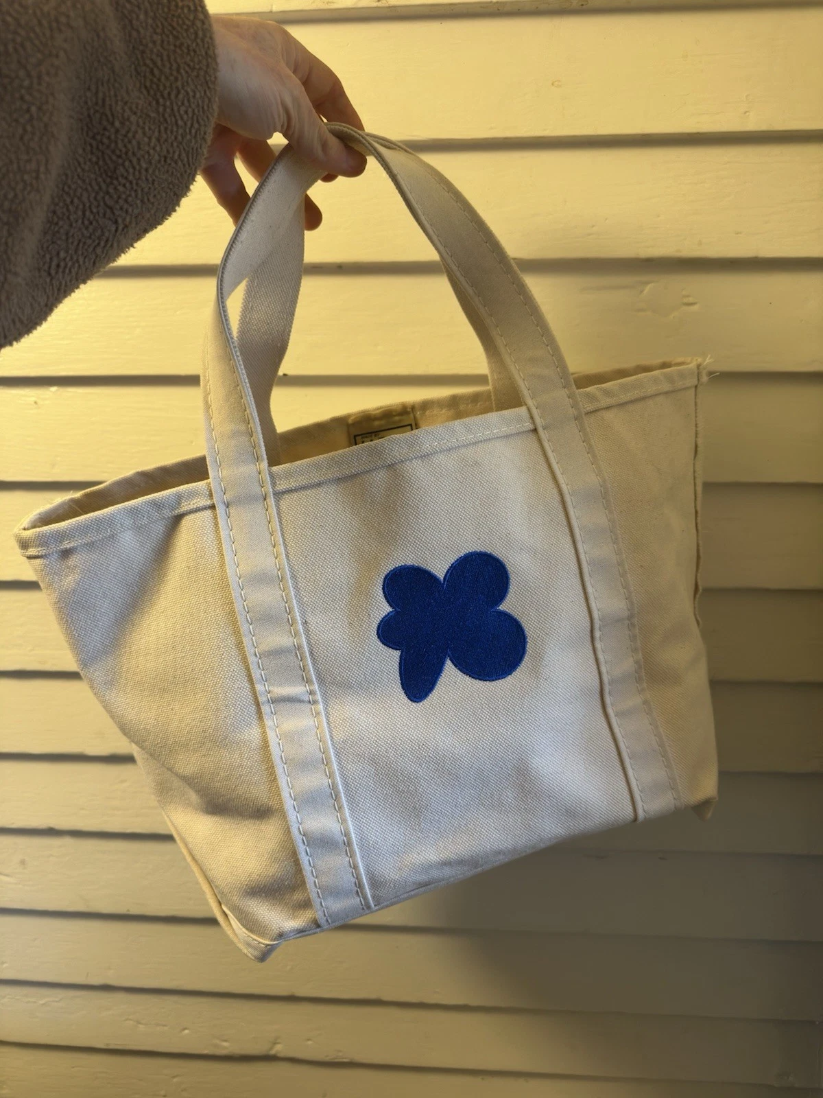 Vintage L.L. Bean Boat & Tote USA White Canvas Tote Bag Embroidered Flower