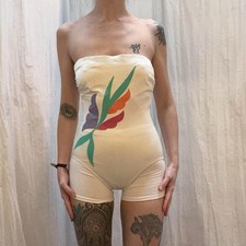 Vintage 1980s DeWeese Strapless One Piece Swimsuit Tropica Floral White Small