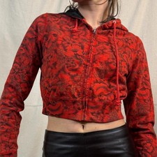 Lucky Brand Red Floral Cropped Zip Hoodie