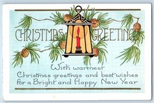 Christmas Postcard Greetings Lamp Pinecone Embossed Delmar New York NY 1934