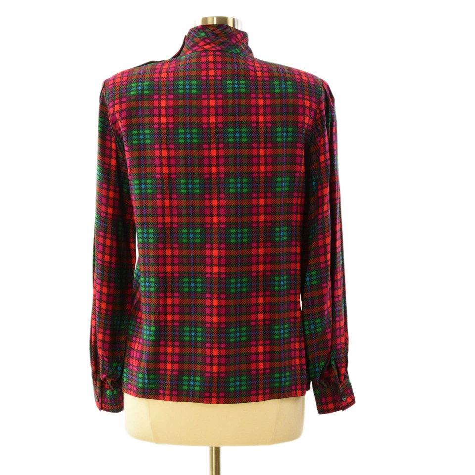 Blusa de seda Liz Claiborne vintage años 80 para mujer S roja a cuadros cuello falso top de vacaciones Foto 4 de 4