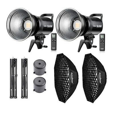 2 Pcs Godox SL-60W 60W LED Video Continuous Light with 95cm Softbox +2m Stand