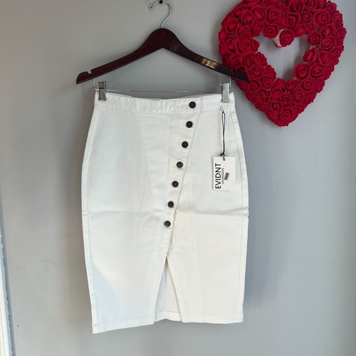 Evidnt Womens Asymmetrical Pencil Skirt Sz 28 in White Front Slit