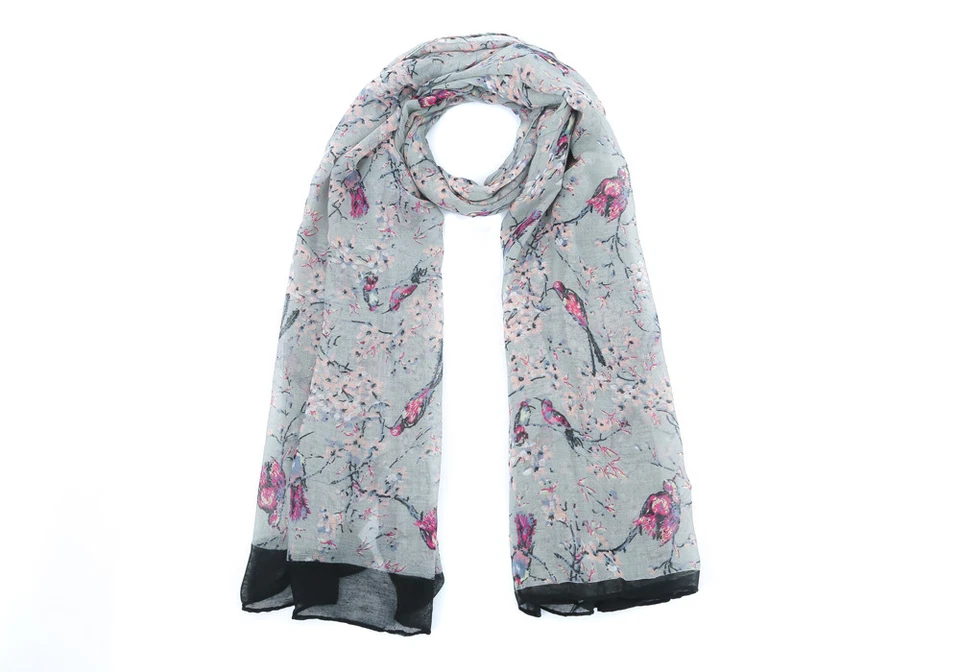 WORLD OF SHAWLS Ladies Scarves Silver Japanese Bird Print Shawl Sarong Wrap Free Fast Delivery*
