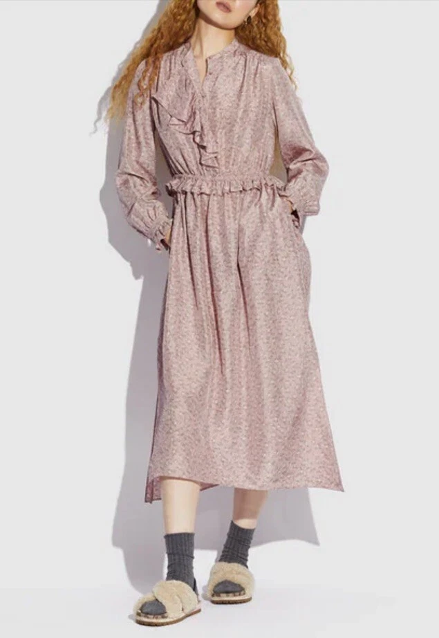 Abito frontale COACH con giogo raccolto taglia 4 100% seta $379