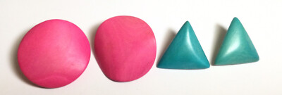 PRETTY VINTAGE MIXED 2 PAIR LOT OF BRIGHT PINK & TURQUOISE CLIP-ON EARRINGS NICE