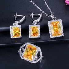 Square Cubic Zirconia Necklace Earrings Ring Silver Plated CZ Yellow Jewelry Set