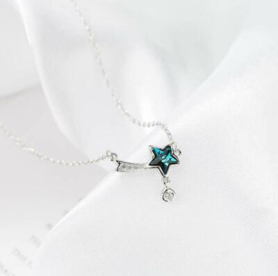 Shooting Blue Star Dot Pendant Silver SP Pave Cubic Zirconia Chain Necklace 