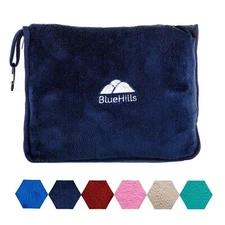 BlueHills Premium Soft Travel Blankets Pillow Airplane Blanket In Case - Blue