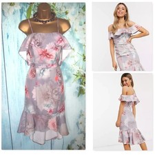 NEW Chi Chi London Floral Pink Grey Midi Dress Size 12 Occasion Party Event