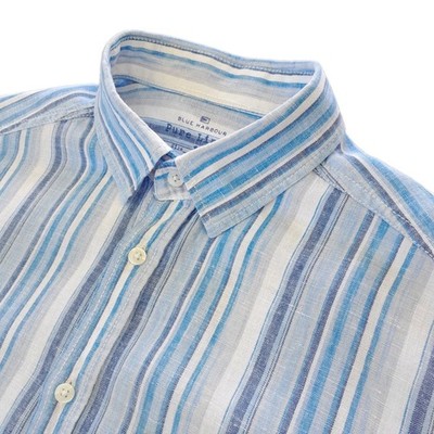 M&S Blue Harbour Hemd Herren Large Blau 100% Reines Leinen Kurzarm Gestreift Casu