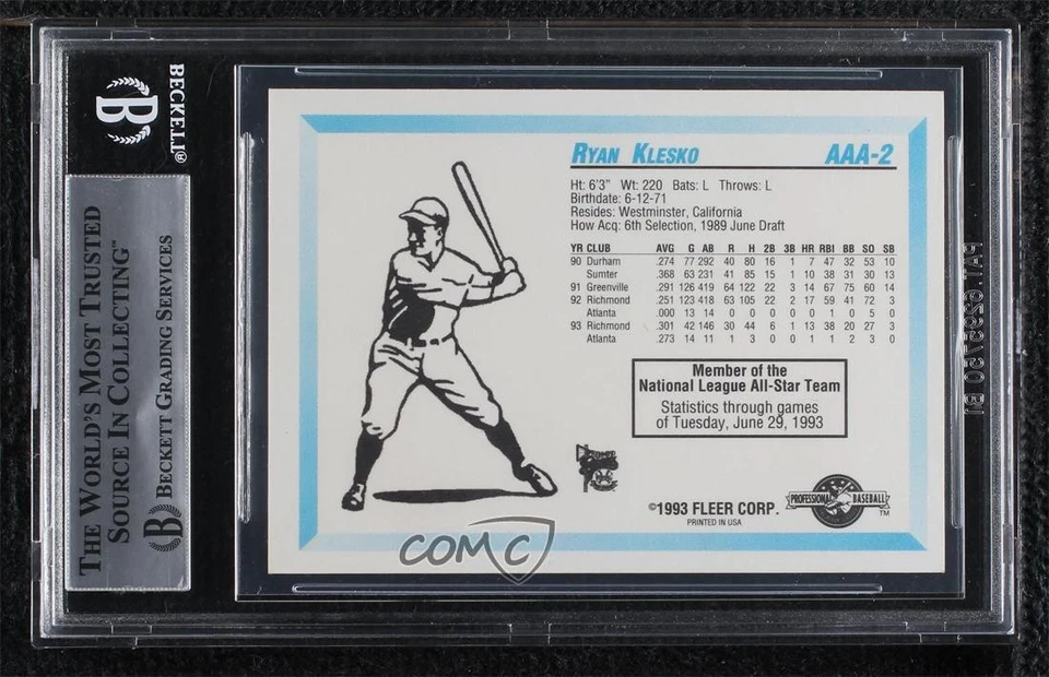 BAS 1993 Fleer ProCards AAA All-Star Game Ryan Klesko #AAA-2 BGS Authentic Auto - Image 2 of 2