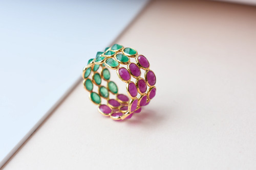 Natural Ruby Emerald Ring 18K Gold Marquise Wide Band Two Tone