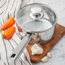 Mainstays 1 qt Oven Safe Stainless Steel Saucepan, Straining Lid, Cooking Pot