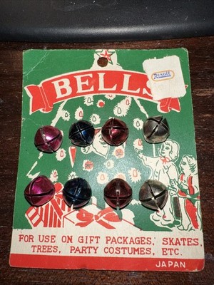 Vintage Small Bells On Card 1/2'' 4 Red 2 Blue 2 Silver Made in JApan