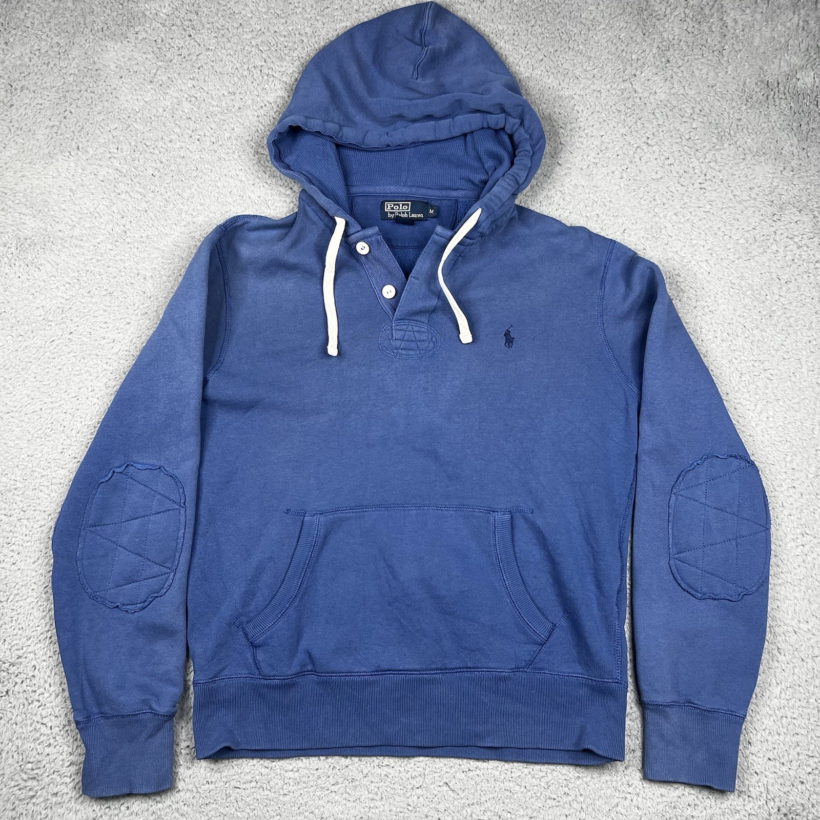 Vintage Polo Ralph Lauren felpa con cappuccio uomo blu medio rugby toppa gomito Henley Pony