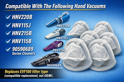 EVF100 Vacuum Filter 6 Pack Compatible w/ Black+Decker HNV220B HNV115J Hand Vac