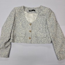 ZARA Women Blue White Textured Tweed Cropped Blazer Jacket Gold Button L