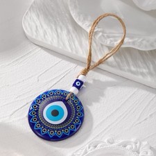 Evil Eye Greek Turkish Nazar 7cm Blue Glass Bead Hessian Rope Lucky Wall Hanging