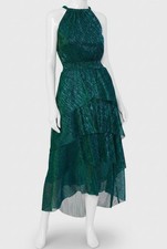 1.STATE Women's Green Crinkle Metallic Layered Halter Maxi Dress Size XS