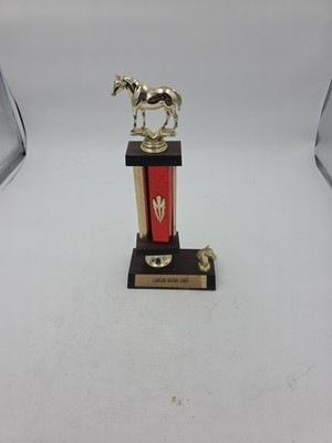 VINTAGE 1983's HORSE SHOW TROPHY 12''  Wood Grain Black Red And Gold