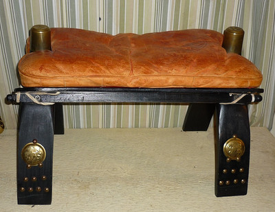 Moroccan Camel Saddle OTTOMAN / SEAT / FOOTSTOOL Embossed leather Desert scenes.