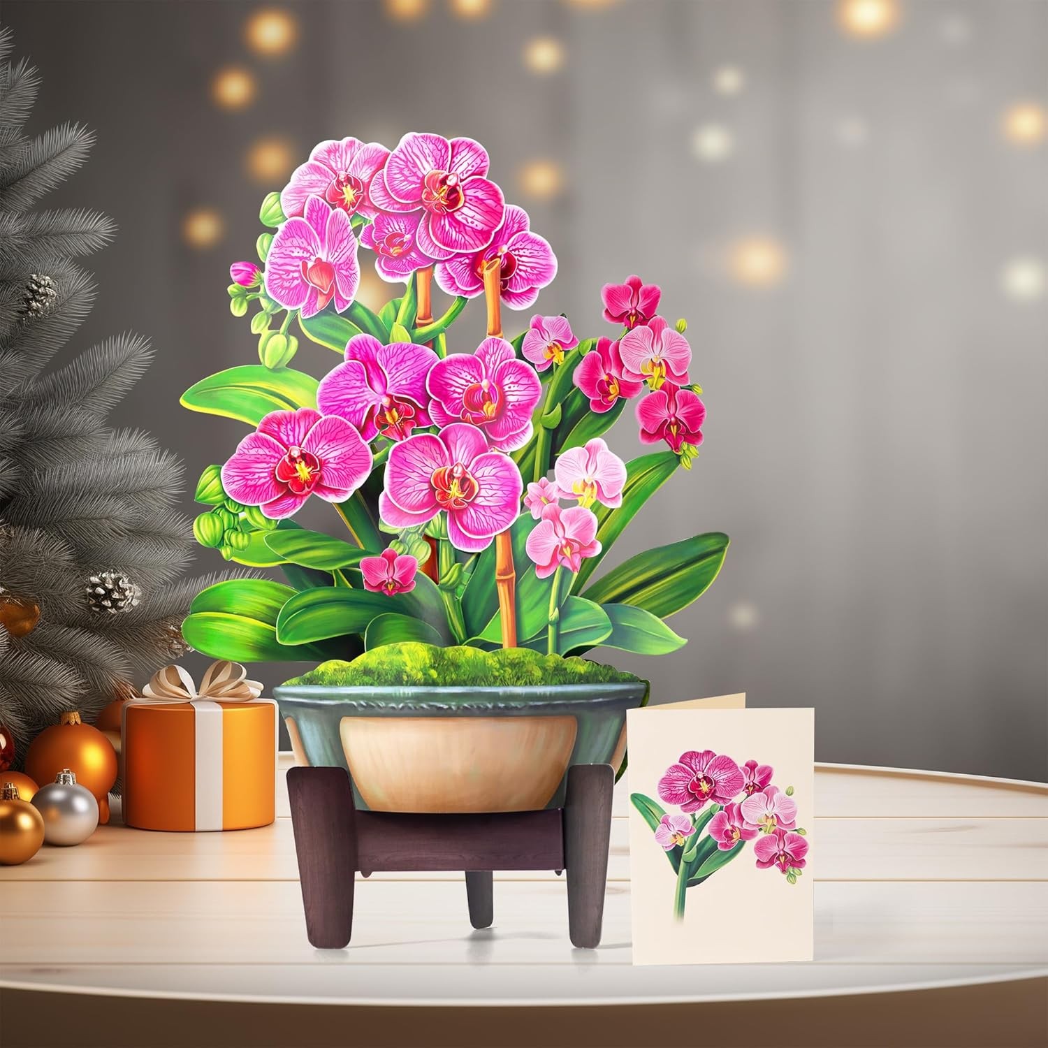 Airpark Pop Up Flower Card, 3D Paper Flowers Bouquet – 14" Orchids, Pink 