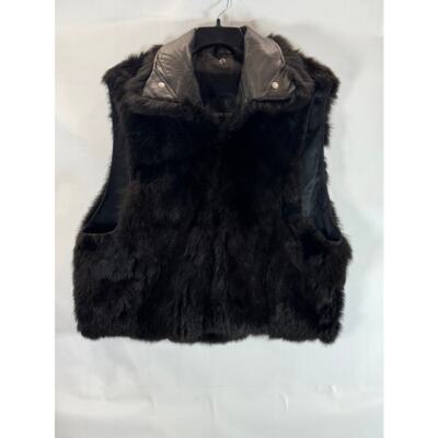 ANDREW MARC Women's Opossum Fur Leather Trim Bomber Zip Vest SZ L
