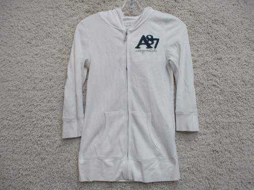 Aeropostale Sweater Large Youth White Hoodie Full Zip Pockets Logo Stretch Girls