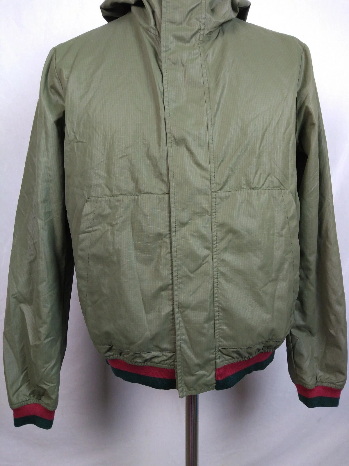 GUCCI PARKA CLASSICO LOGO BOTTONI A PRESSIONE GIACCA A VENTO CON CAPPUCCIO VERDE ROSSO UOMO 50