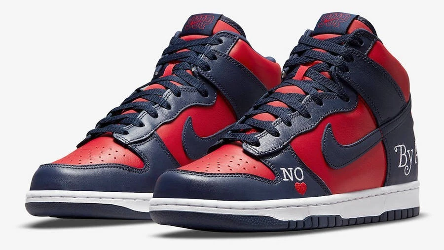 Nike SB Dunk High x Supreme By Any Means rouge bleu, taille UK 10,5 US 11,5 EU 45,5