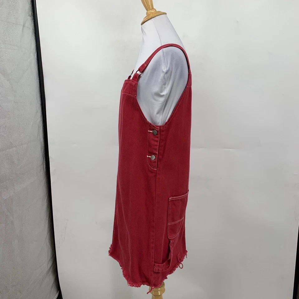 RVCA Детский комбинезон платье женщин S маленький красный джинсовой ткани кнопка стороны задние карманы бахрома кромки - Изображение 4 из 4