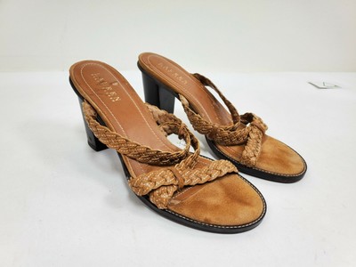 Lauren Ralph Lauren Womenâs Brown Leather Flat Sandals Open Toe Gold Trim 8.5B | eBay