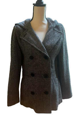 Woman's Esprit Black and White Houndstooth Wool Blend Pea Coat Size Medium