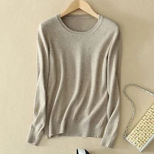 Women Wool Cashmere Sweater Knitted Pullover Slim Crew Neck Sweater Solid Jumper