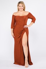 Off Shoulder Shiny Slit Side Formal Bridesmaid Long Maxi Dress Rust 1X 2X 3X 249