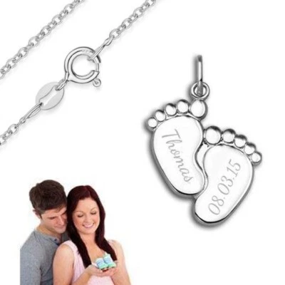 SILBERPOINT Anhänger Babyfüße mit Ankerkette -Sterling Silber 925- Inkl. Gravur