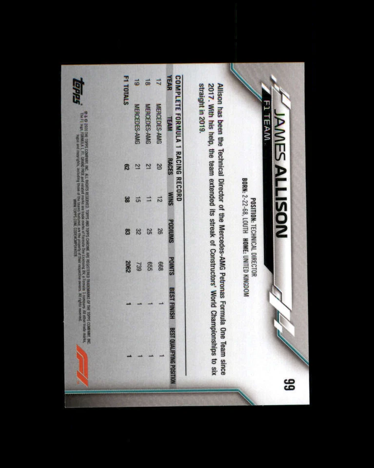 2020 Topps Chrome Formula 1 #99 James Allison (ref 164947) - Image 2 of 2