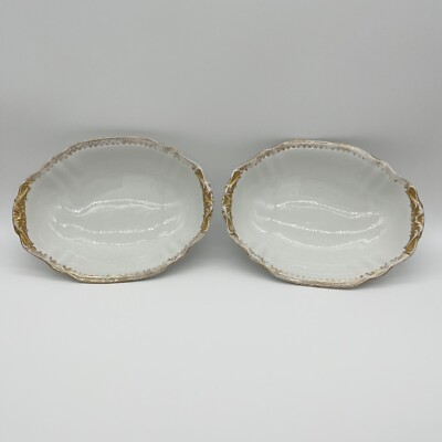 TWO Gorgeous White with Gold Trim T&V France Oval Serving Bowls 10  x 7.75 