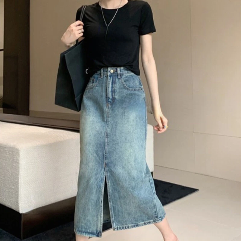 Jupe crayon taille haute jean top