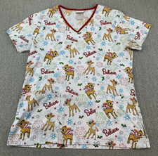 Rudolph Red-Nosed Reindeer Scrub Top Womens Size XS White AOP V-neck Pockets