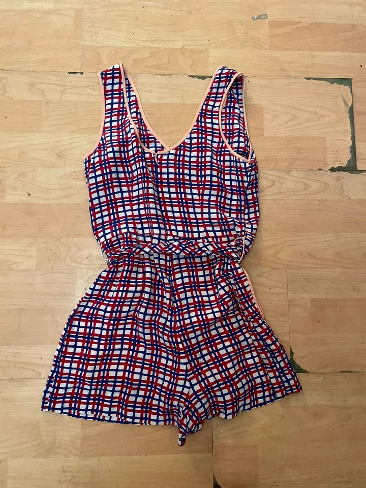 DVF Diane Von Furstenberg Abel Check Cerise Romper Sz Silk Red White Blue AB8 - Image 4 of 4