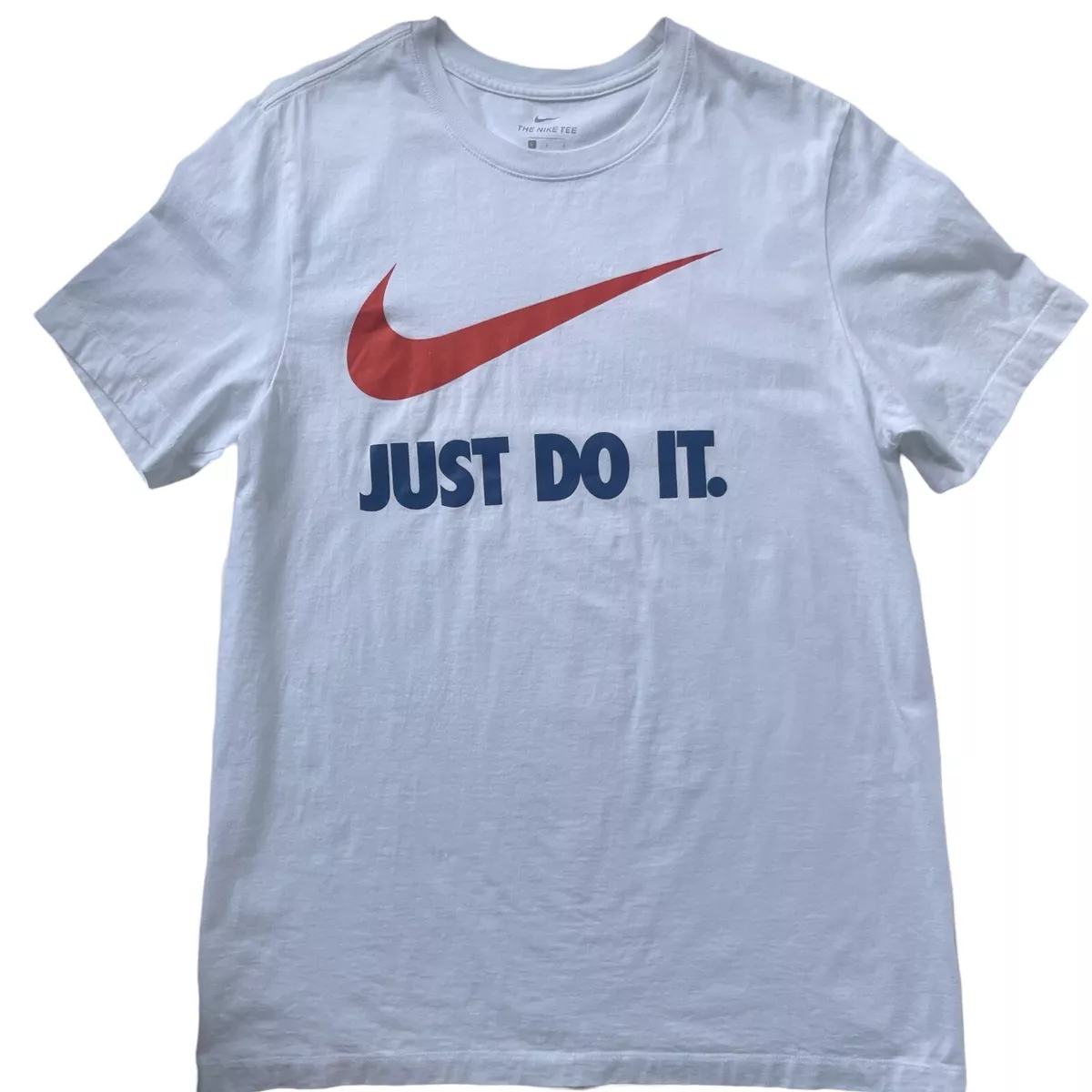 Nike T-Shirt Mens size L Large White Tee Red Swoosh Blue Just Do It Short  Sleeve