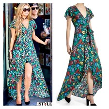 Alice + Olivia Floral Adrianna Dress sz 4 Flutter Sleeve Wrap Front High Low Hem